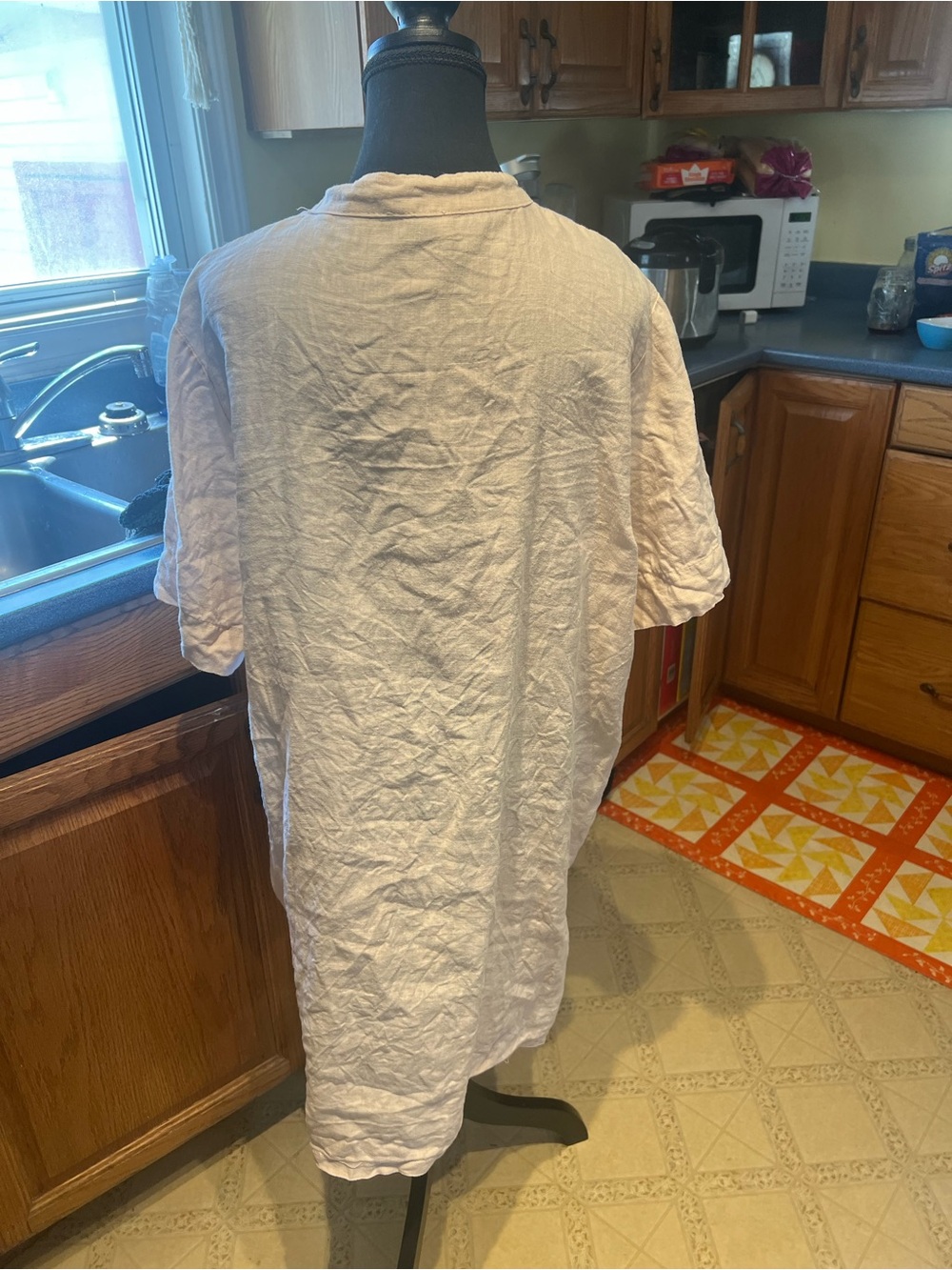 Beige Linen Midi Tunic Dress with V-Neck - Picture 2 of 4